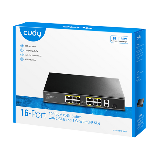 Cudy FS1018PS1 16-Port Fast Ethernet PoE+ Switch with SFP