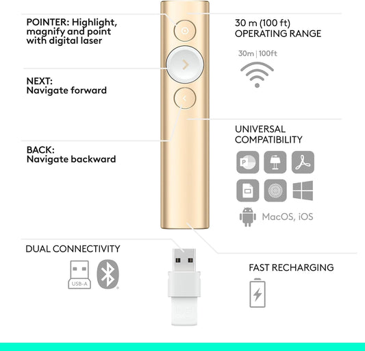 Logitech Spotlight Advanced Bluetooth Wireless Professional Presenter – Gold - Globaltech.tc