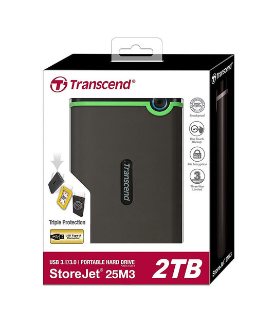 Transcend StoreJet 25M3S External Hard Drive – 1TB / 2TB / 4TB, 2.5", USB 3.0, Anti-Shock - Globaltech.tc