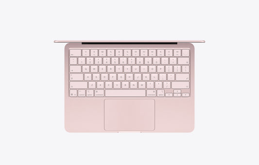 13-inch MacBook Neo laptop, interior, lid open, blush (light pink color) enclosure, keyboard: blush (light pink color) keys, full-height function key row, inverted-T arrow keys, circular Touch ID button in top-right corner, trackpad centered below keyboard