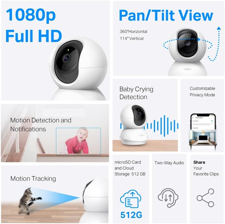 TP-Link Tapo C200C – Indoor WLAN Camera, FHD, Surveillance Camera, Night Vision, 360° Viewing Angle, Bidirectional Audio, Motion Detection and Notifications, Integrated Acoustic and Clear Alarm - Globaltech.tc