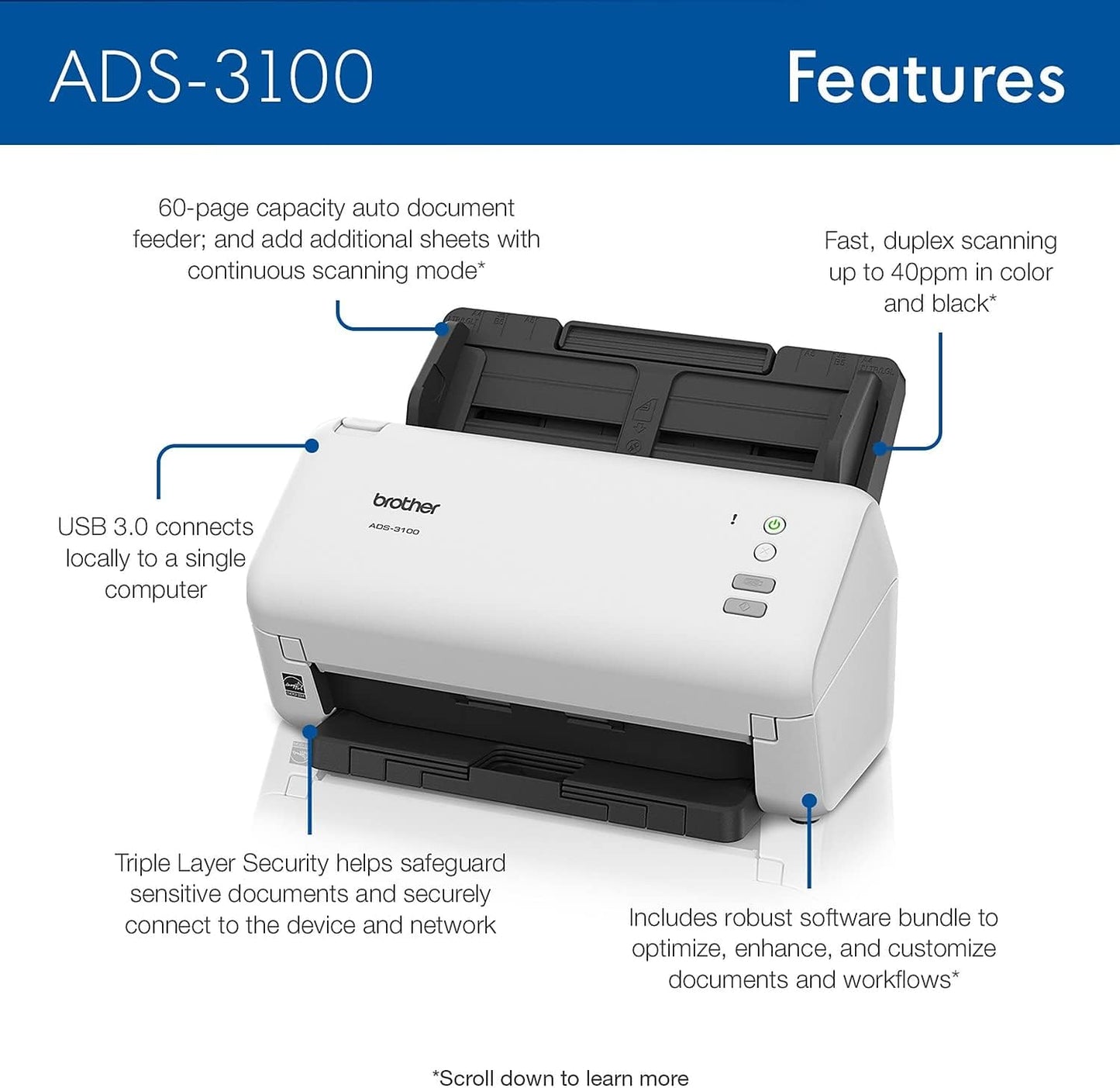 ADS-3100 Desktop Document Scanner – 40ppm, 60-Page ADF, USB 3.0 - Globaltech.tc