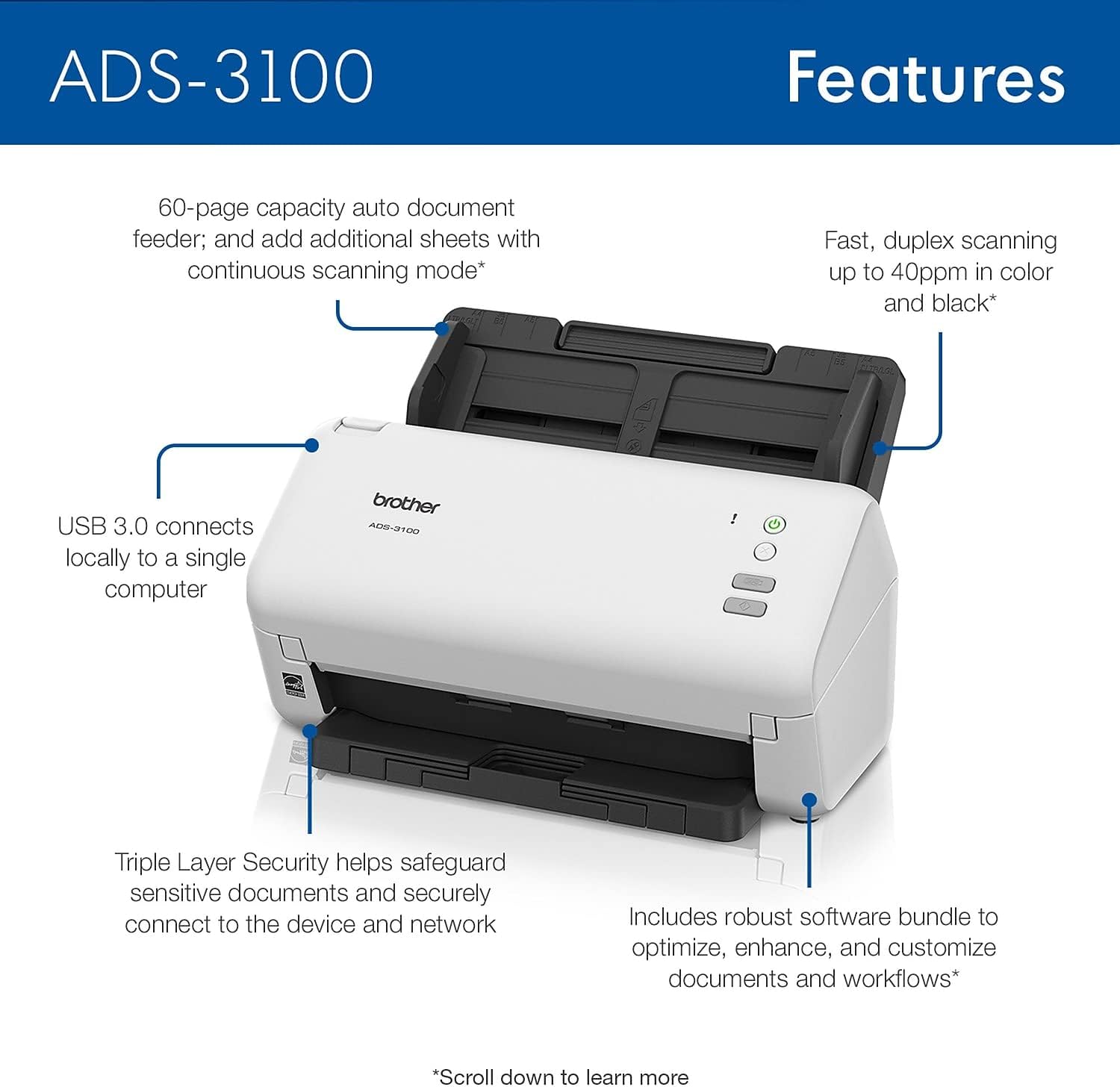 ADS-3100 Desktop Document Scanner – 40ppm, 60-Page ADF, USB 3.0 - Globaltech.tc