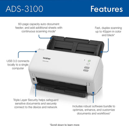 ADS-3100 Desktop Document Scanner – 40ppm, 60-Page ADF, USB 3.0 - Globaltech.tc