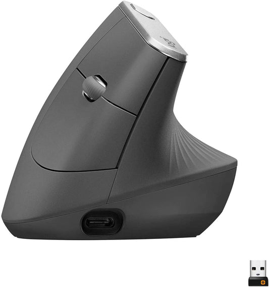 Logitech MX Vertical Advanced Ergonomic Wireless/Bluetooth Mouse – Graphite, Rechargeable, 6 Buttons, Natural Handshake Grip - Globaltech.tc