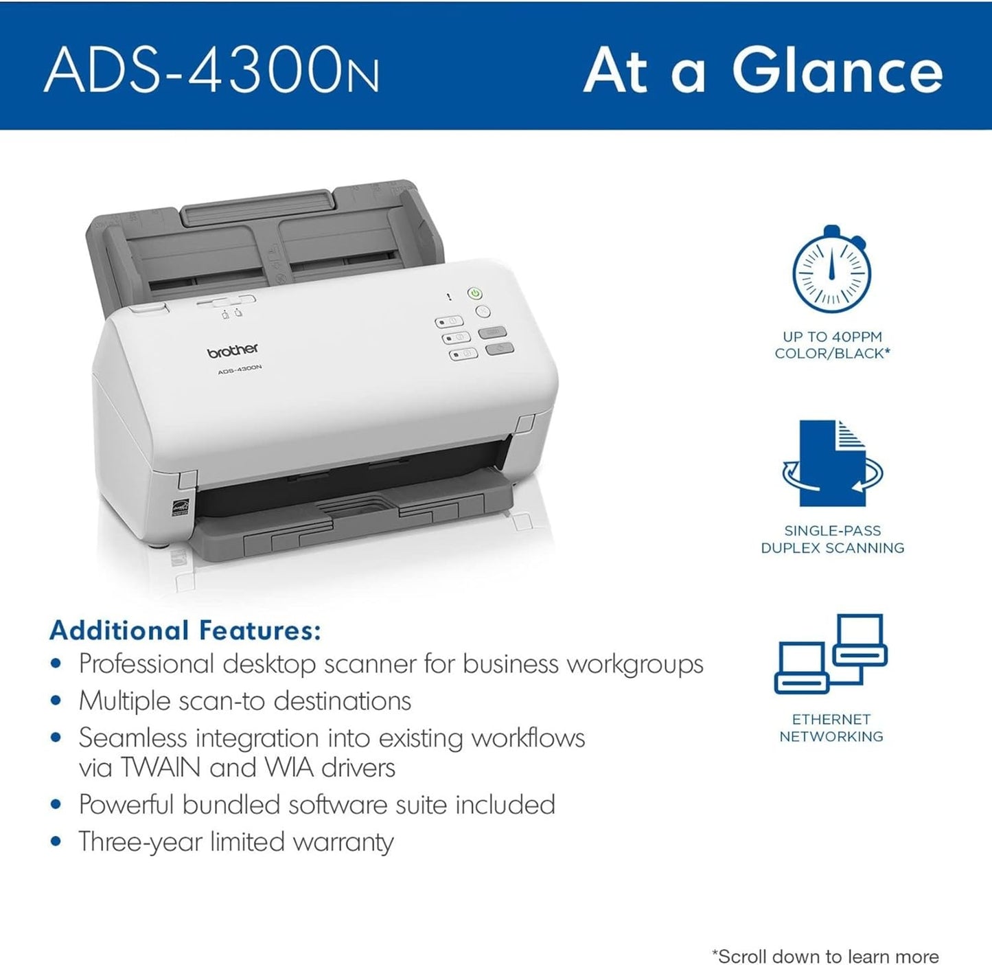 ADS-4300N Professional High-Speed Network Desktop Scanner – 40ppm, Duplex ADF - Globaltech.tc