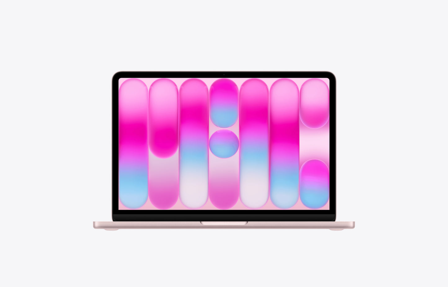 13-inch MacBook Neo, blush (light pink color), open lid, Liquid Retina display, rounded corners, raised feet