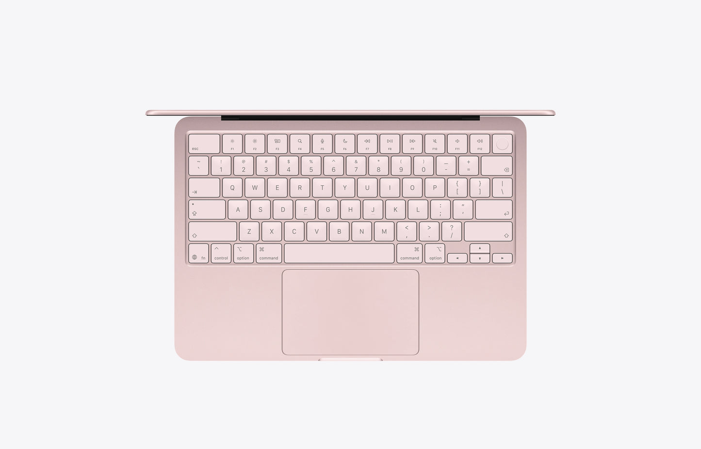 13-inch MacBook Neo laptop, interior, lid open, blush (light pink color) enclosure, keyboard: blush (light pink color) keys, full-height function key row, inverted-T arrow keys, circular Touch ID button in top-right corner, trackpad centered below keyboard