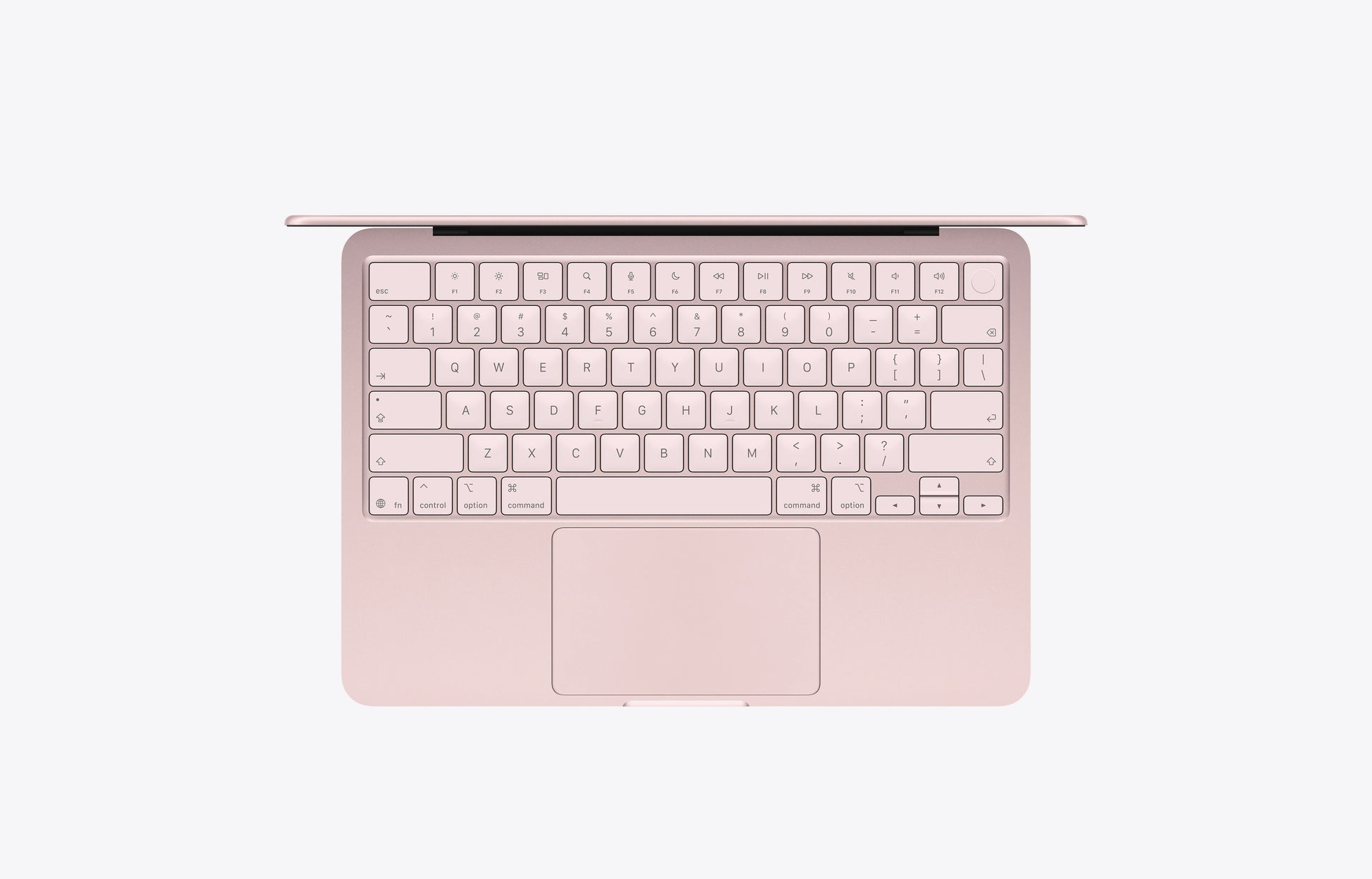 13-inch MacBook Neo laptop, interior, lid open, blush (light pink color) enclosure, keyboard: blush (light pink color) keys, full-height function key row, inverted-T arrow keys, circular Touch ID button in top-right corner, trackpad centered below keyboard