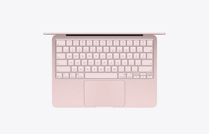 13-inch MacBook Neo laptop, interior, lid open, blush (light pink color) enclosure, keyboard: blush (light pink color) keys, full-height function key row, inverted-T arrow keys, circular Touch ID button in top-right corner, trackpad centered below keyboard