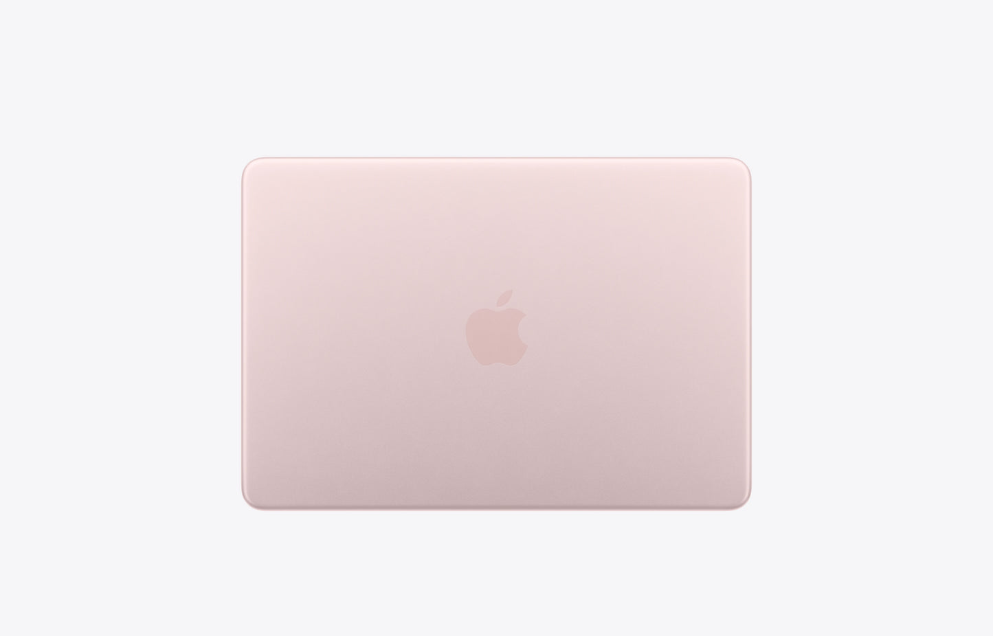 13-inch MacBook Neo, top exterior, blush (light pink color), rounded corners, centered glossy dark pink Apple logo
